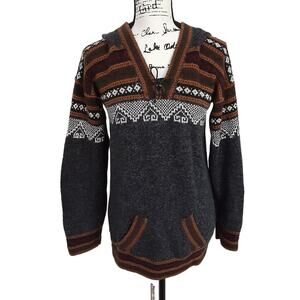 Vintage Peruvian Alpaca Sweater Hooded Pullover Aztec Gray Tribal Nordic